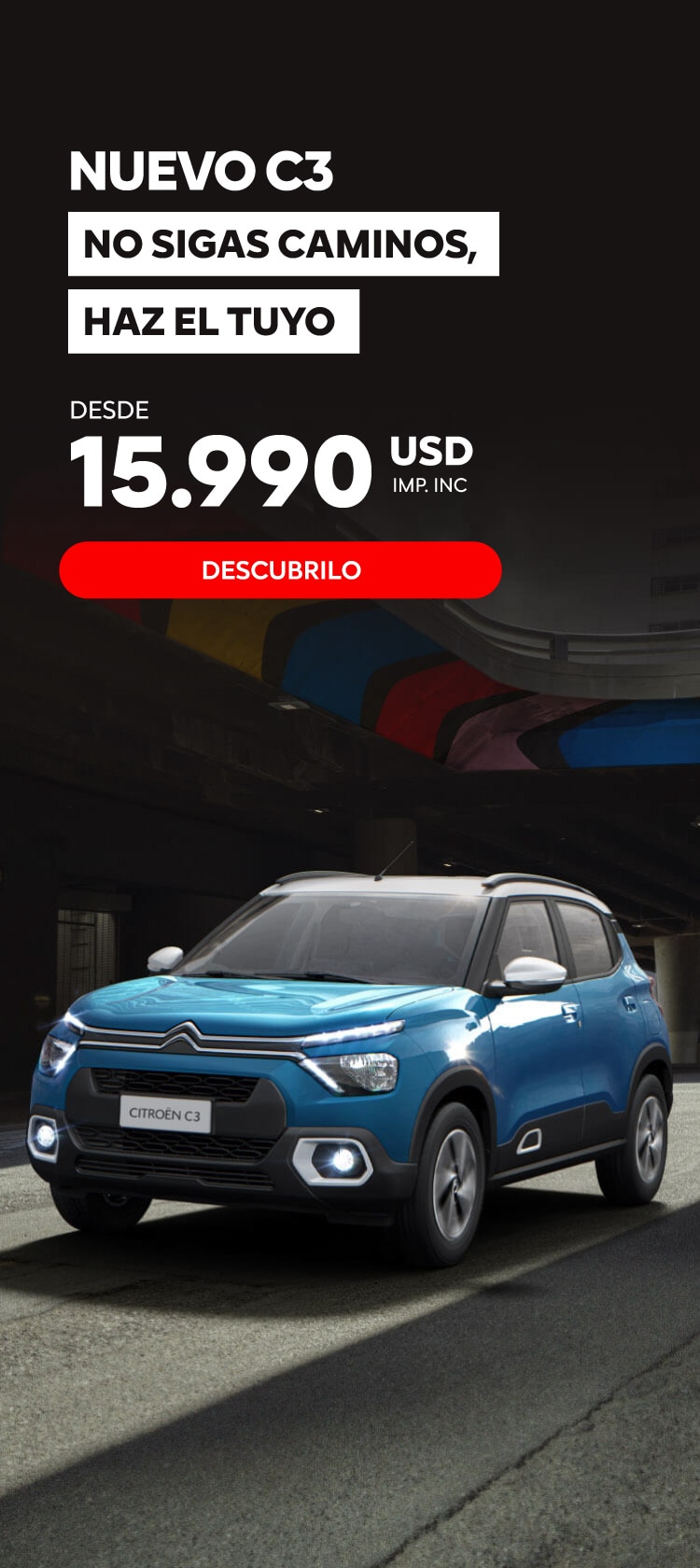 Nuevo C3 color celeste en un túnel urbano oscuro