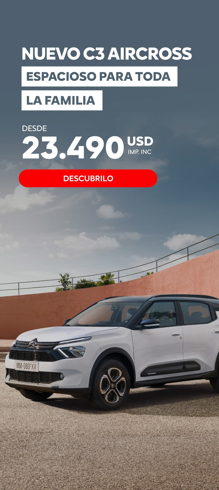 Nuevo Citroën C3 Aircross estacionado sobre un suelo de gravilla con una pared de fondo
