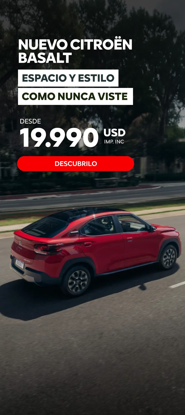 Nuevo Citroen Basalt rojo recorriendo una ruta